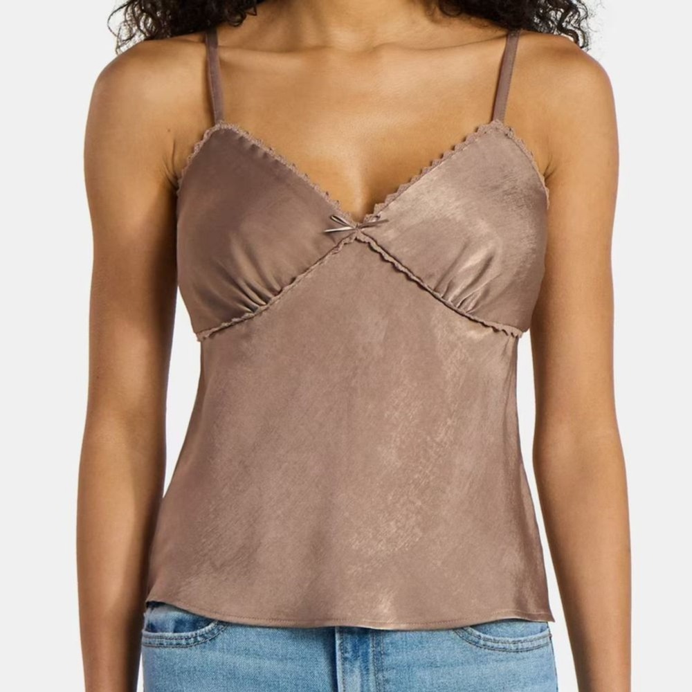 Babydoll Camisole Y2K Vibe Mocha Brown Sz Large Woven Cami Top Lace Trim Bow NWT